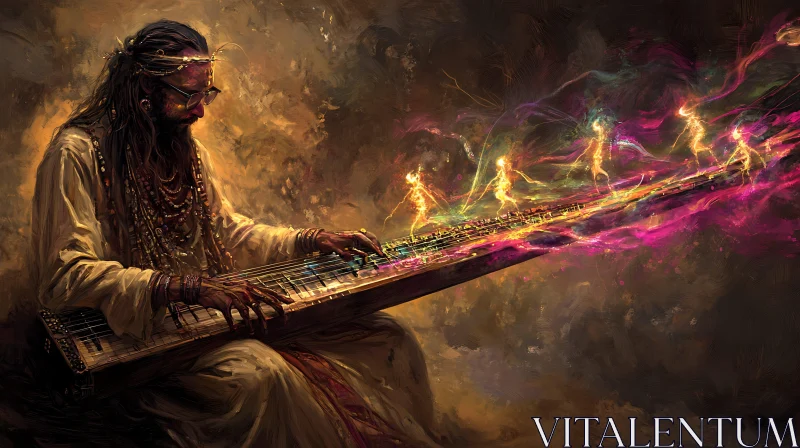 Stringed Instrument Player with Colorful Energy AI Image