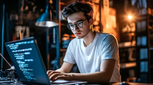 Focused Programmer Working on Laptop