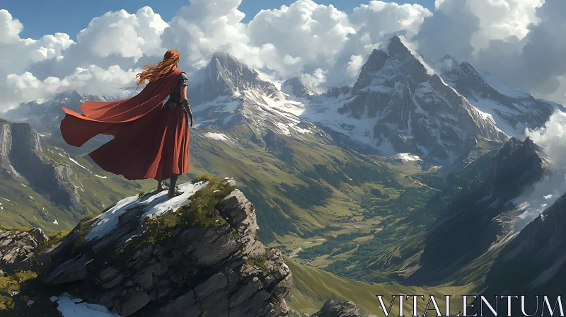 Mountain Vista with Figure in Red AI Image