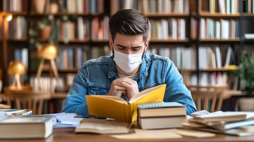 Man Reads in Library with Mask