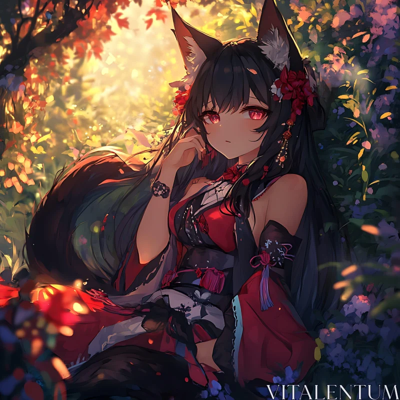 Magical Fox-Eared Anime Character in Lush Forest AI Image