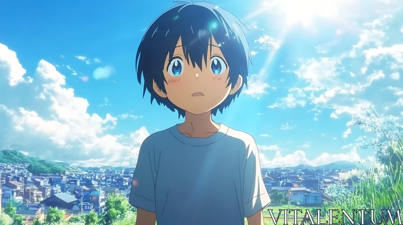 Surprised Anime Boy with Cityscape Background AI Image