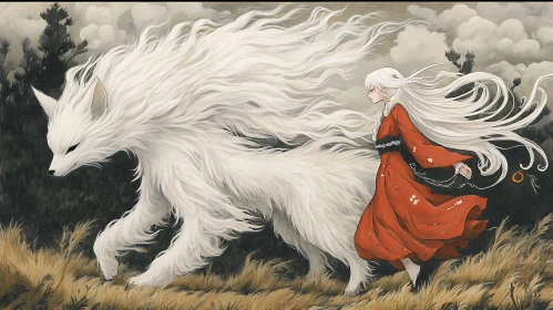White Fox and Girl with Red Kimono in Golden Field
