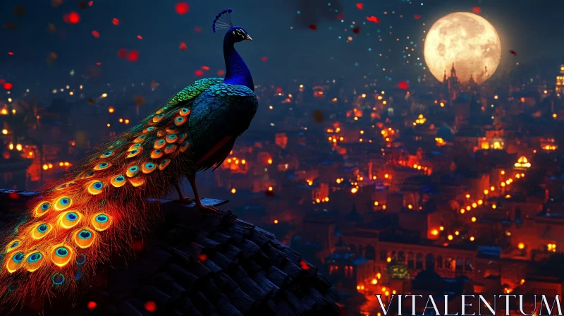 Peacock Under Moonlight Cityscape