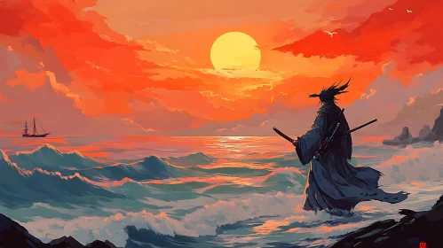 Warrior's Sunset Contemplation by the Sea