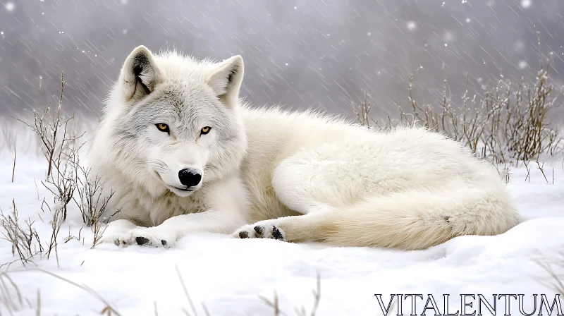 Arctic Wolf Resting in Winter Wonderland AI Image