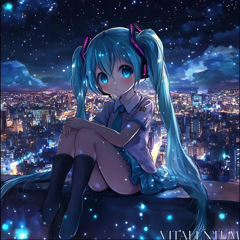 Rooftop Reflection: Anime Girl at Night