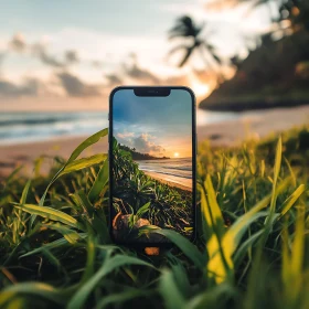 Beach Sunset Displayed on Mobile Phone