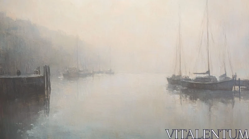 Misty Harbor Scene with Sailboats
