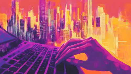 Digital Cityscape Typing Hands