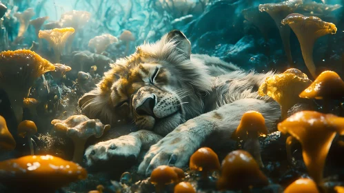 Resting Lion Among Glowing Fungi