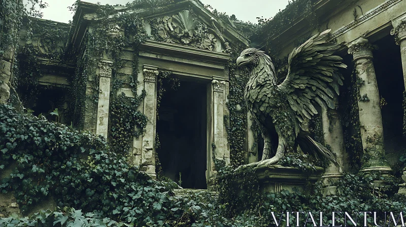 Overgrown Gryphon Statue at Ancient Building