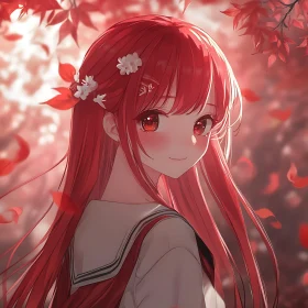 Anime Girl in Fall with Long Red Hair