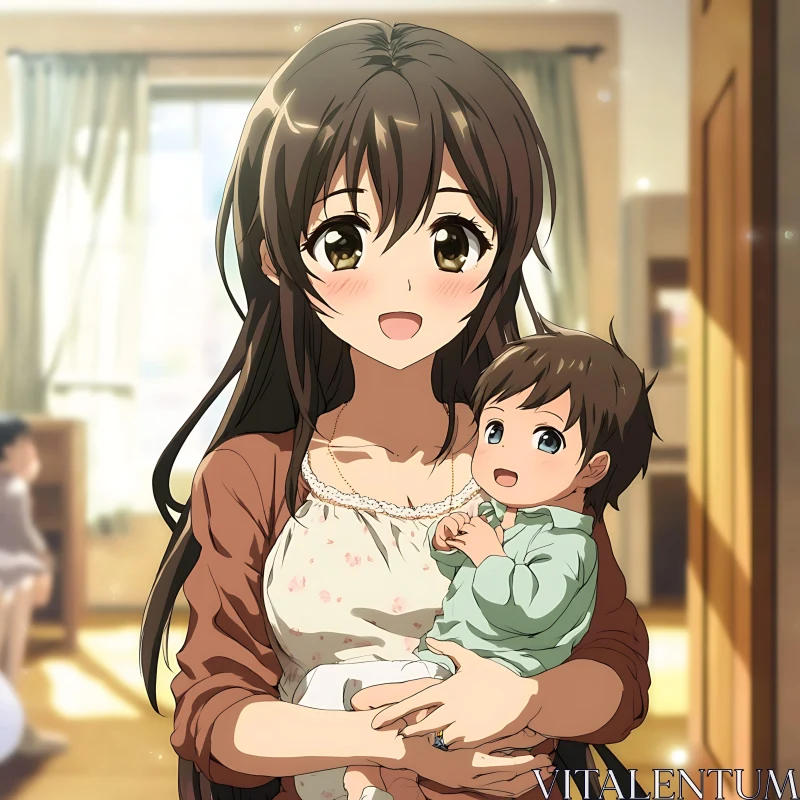 Anime Mom and Baby in a Sunlit Room AI Image