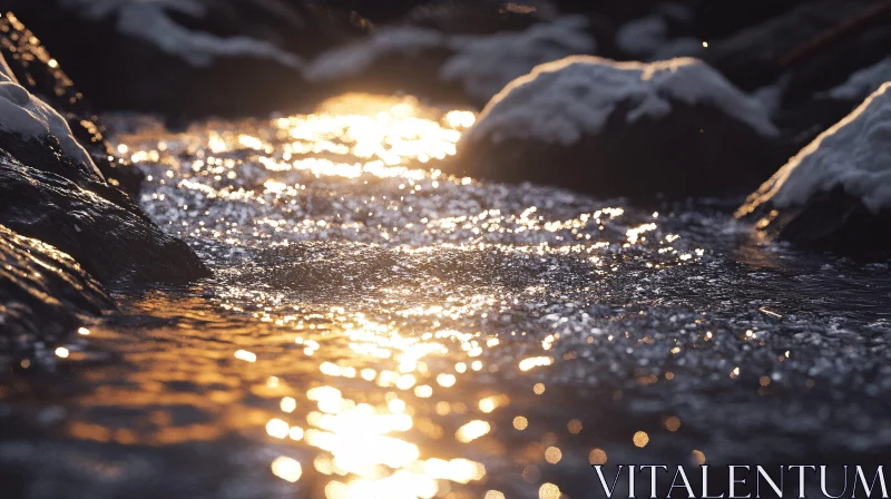 Serene River with Snow-Covered Rocks and Sunlight