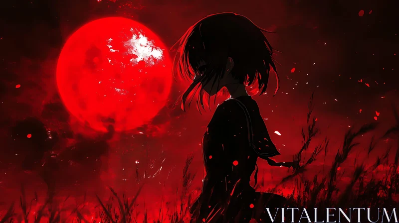 Mystical Silhouette of Anime Girl with Red Moon