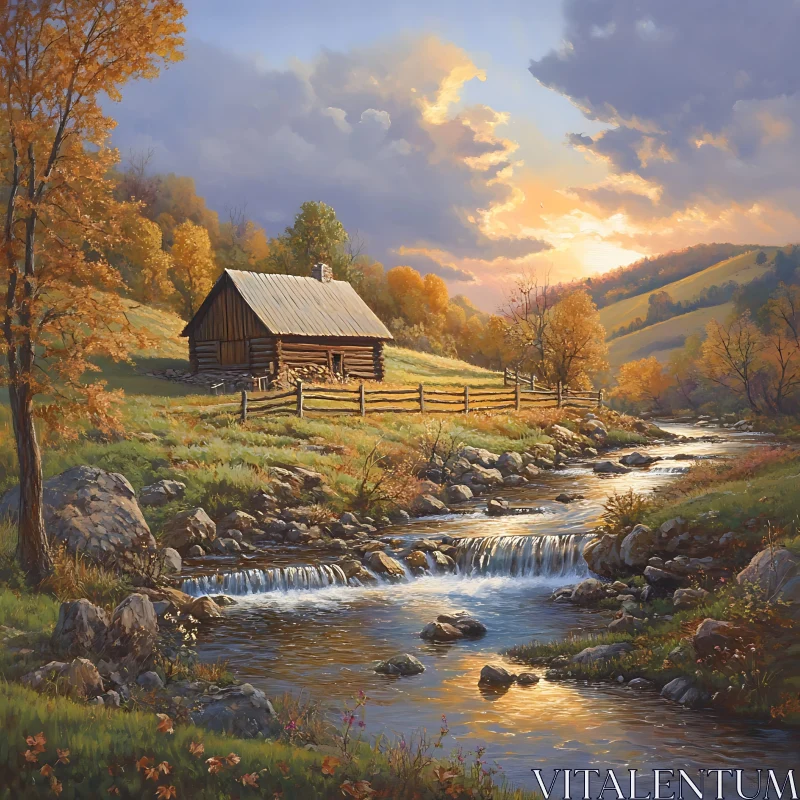 Autumn Cabin River Scenery