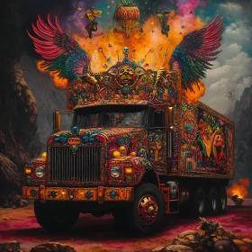 Ornate Truck in Mountainous Dreamscape