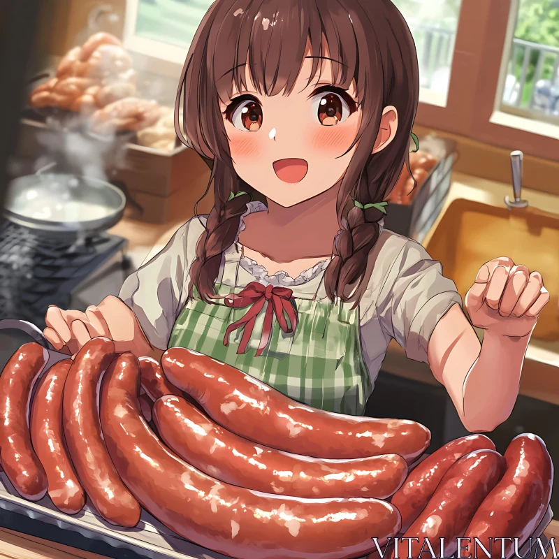 Anime Girl in Apron Cooking Sausages with a Smile AI Image