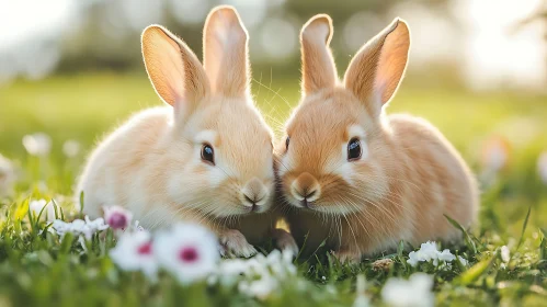 Pair of Rabbits in a Flower Field