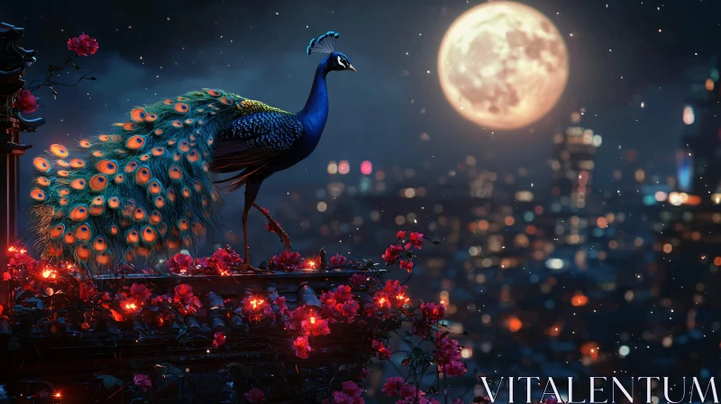 Night Peacock with Flowers AI Image