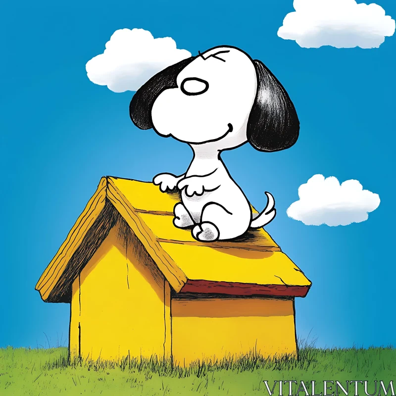 Happy Cartoon Dog Sitting on Doghouse under Blue Sky AI Image