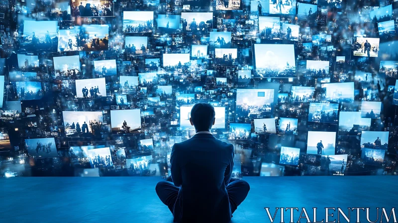 Man Meditating Before a Wall of Screens