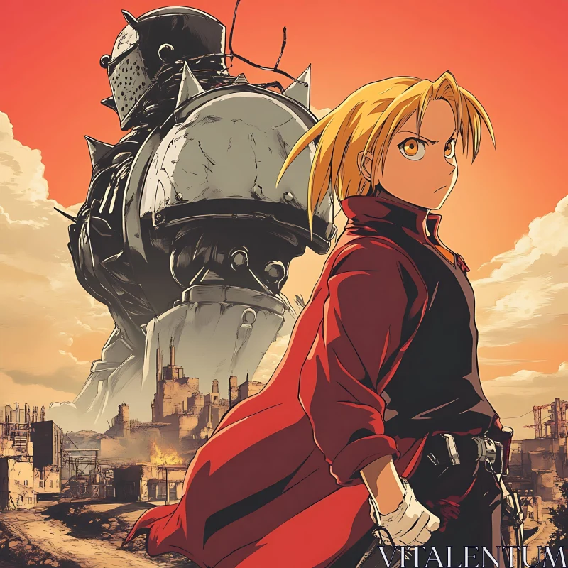 Anime Character and Robot in Post-Apocalyptic City