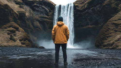 Person Admiring Waterfall Landscape