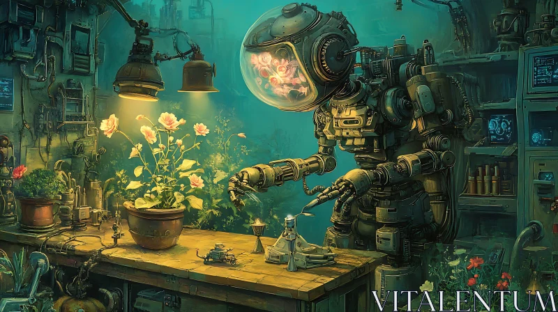 Mechanical Gardener: A Steampunk Botanical Scene