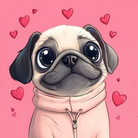 Adorable Pug in Pink Hoodie with Hearts