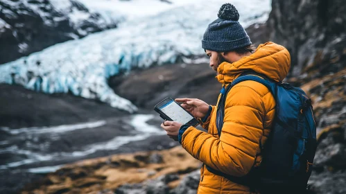 Hiker with Tablet in Mountain Landscape