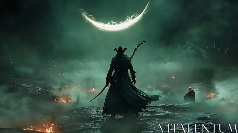 Silhouette of Warrior Under Crescent Moon
