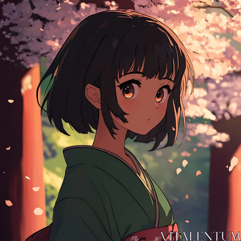 Traditional Anime Girl with Cherry Blossoms