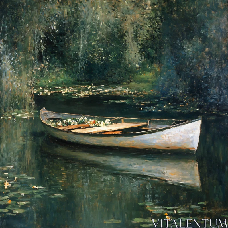 Floral Boat on Still Water AI Image