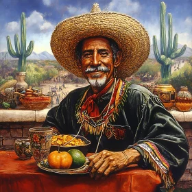 Smiling Man in Sombrero Amidst Desert Feast