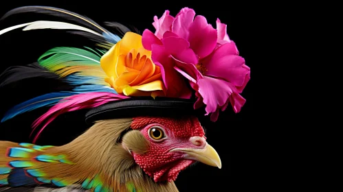 Colorful Bird on Hat Against Black Background