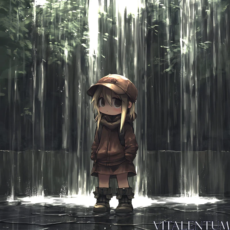 Moody Anime Scene by a Waterfall