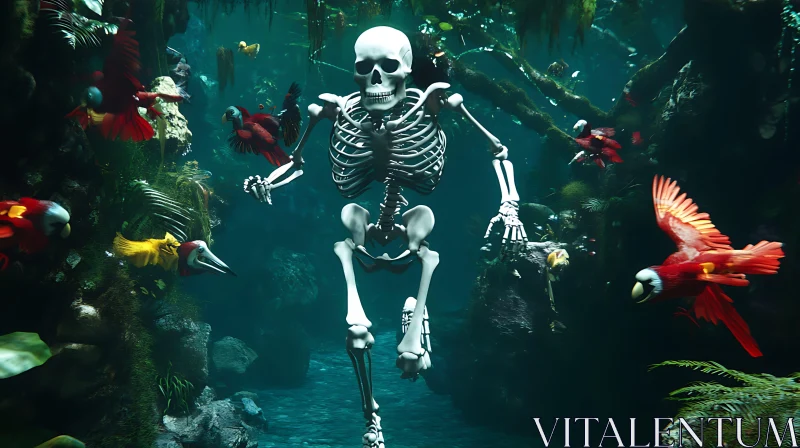 Surreal Underwater Jungle with Skeleton
