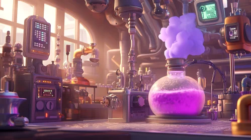 Retro Science Lab with Purple Liquid