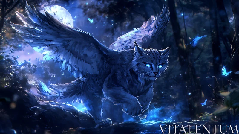 Mystical Feline with Wings in Blue Forest