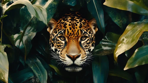 Wild Jaguar Face in Greenery