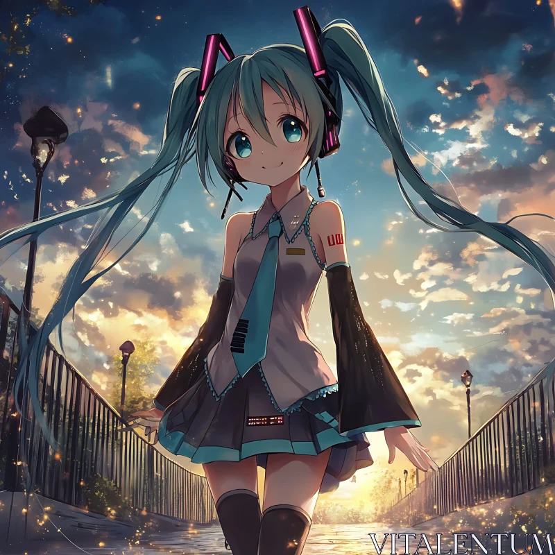 Sunset Anime Character on Bridge