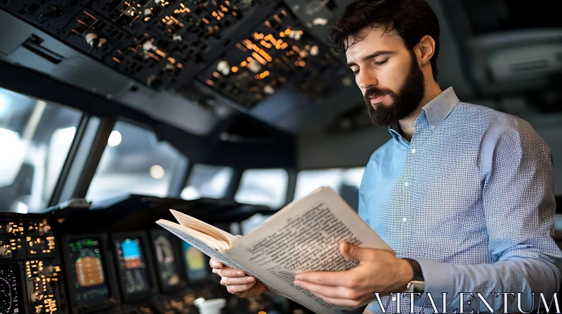 Man in Cockpit Reads Manual