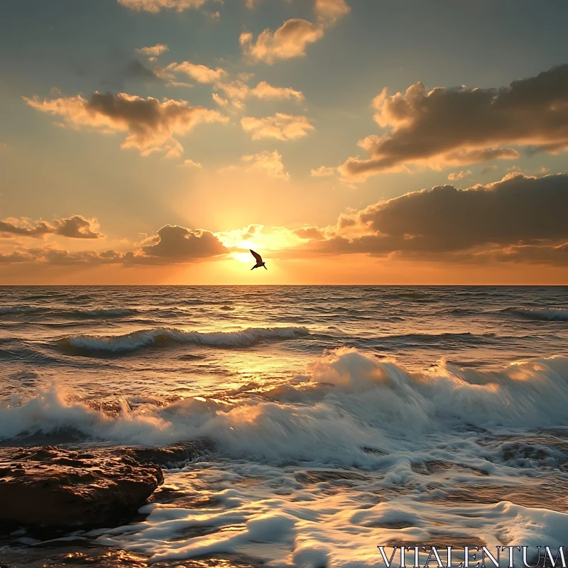 Seascape at Sunset with Bird Silhouette