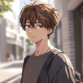 Anime Portrait of Young Man with Cityscape Background