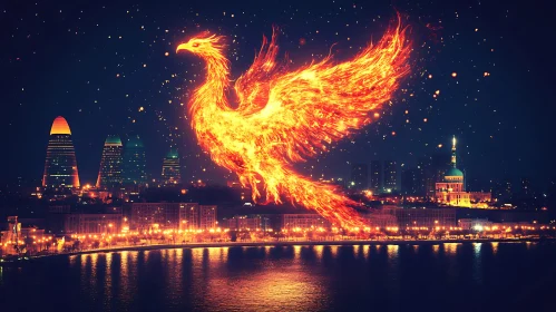 Fiery Phoenix in Urban Skies