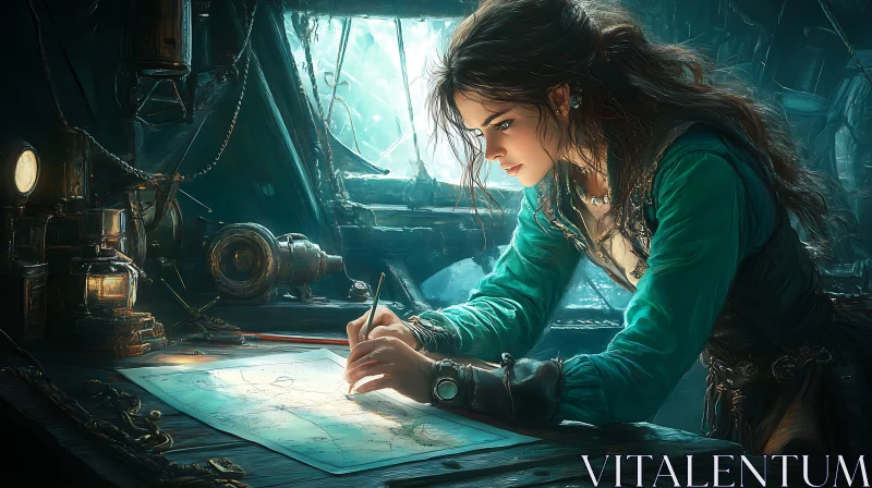 Female Navigator Plotting Course on Antique Map