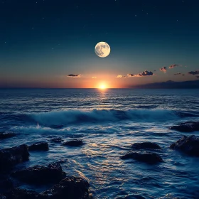 Tranquil Ocean View with Moon and Sunset