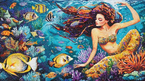 Mosaic Mermaid with Fish